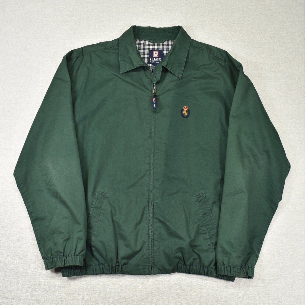 Vintage Chaps Ralph Lauren Jacket Mens Large Green Harrington Windbreaker Plaid